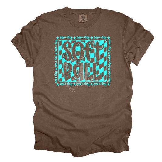 Softball Game Day Retro Checkered Graphic Tee | Comfort Colors Vintage Softball Shirt