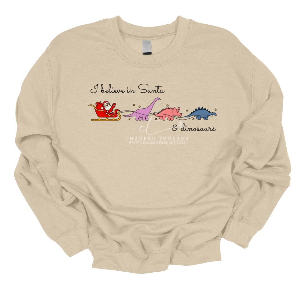 I Believe in Santa & Dinosaurs – Christmas Dino Tee & Crewneck