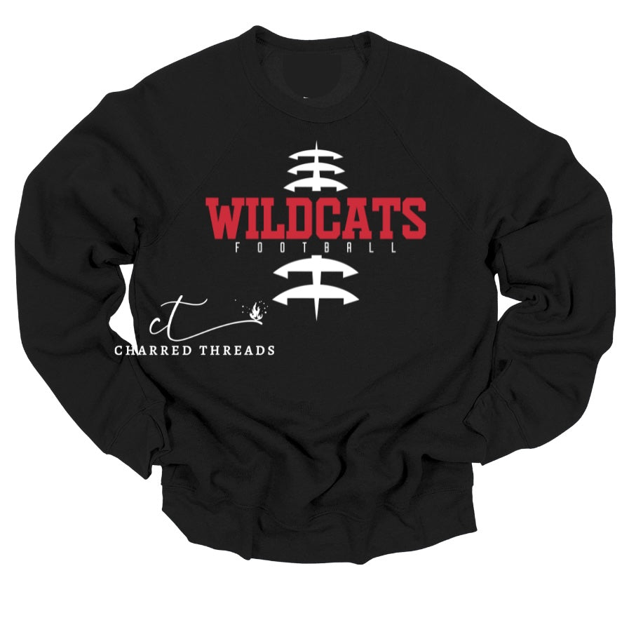 Vertical Laces Wildcats Football Tee, Crewneck, or Hoodie | Infant–Adult Sizes | Black, Red, or White