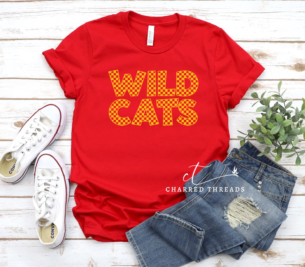 Retro Checkered Team Wildcats Short Sleeve Graphic T-Shirt