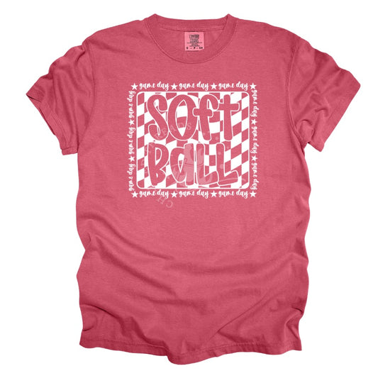Softball Game Day Retro Checkered Graphic Tee | Comfort Colors Vintage Softball Shirt