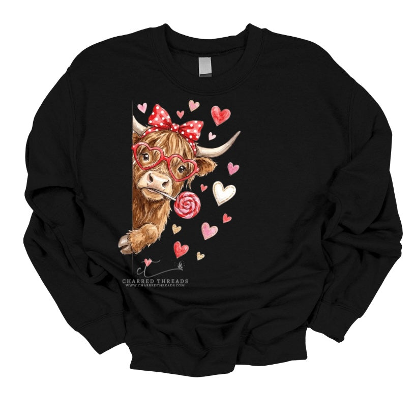 Highland Cow Valentine Graphic Tee & Crewneck Sweatshirt