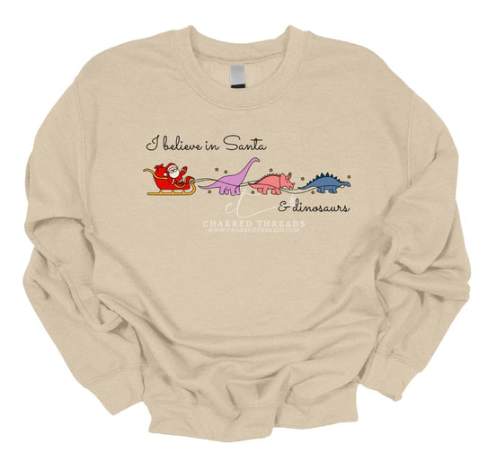 I Believe in Santa & Dinosaurs – Christmas Dino Tee & Crewneck