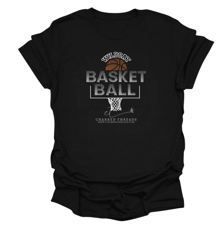 Striped Hoop Wildcat Basketball Tee, Crewneck, or Hoodie | Infant–Adult Sizes | Black, Red, White, or Charcoal