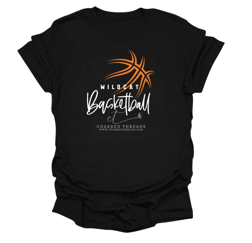 Wildcat Hoops Script Basketball Tee, Crewneck, or Hoodie | Infant–Adult Sizes | Black, Red, White, or Charcoal