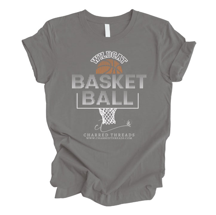 Striped Hoop Wildcat Basketball Tee, Crewneck, or Hoodie | Infant–Adult Sizes | Black, Red, White, or Charcoal