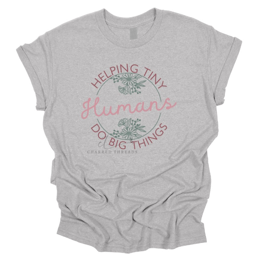 Helping Tiny Humans – Soft Floral Script Tee & Crewneck
