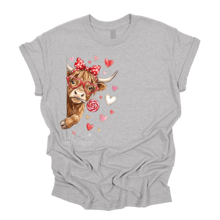 Highland Cow Valentine Graphic Tee & Crewneck Sweatshirt