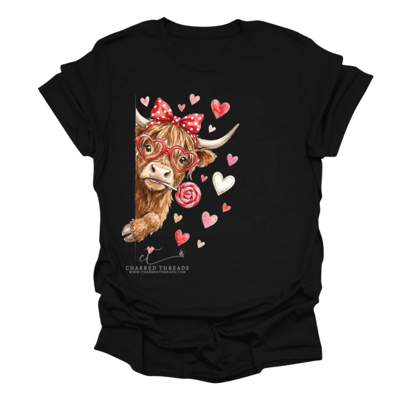 Highland Cow Valentine Graphic Tee & Crewneck Sweatshirt