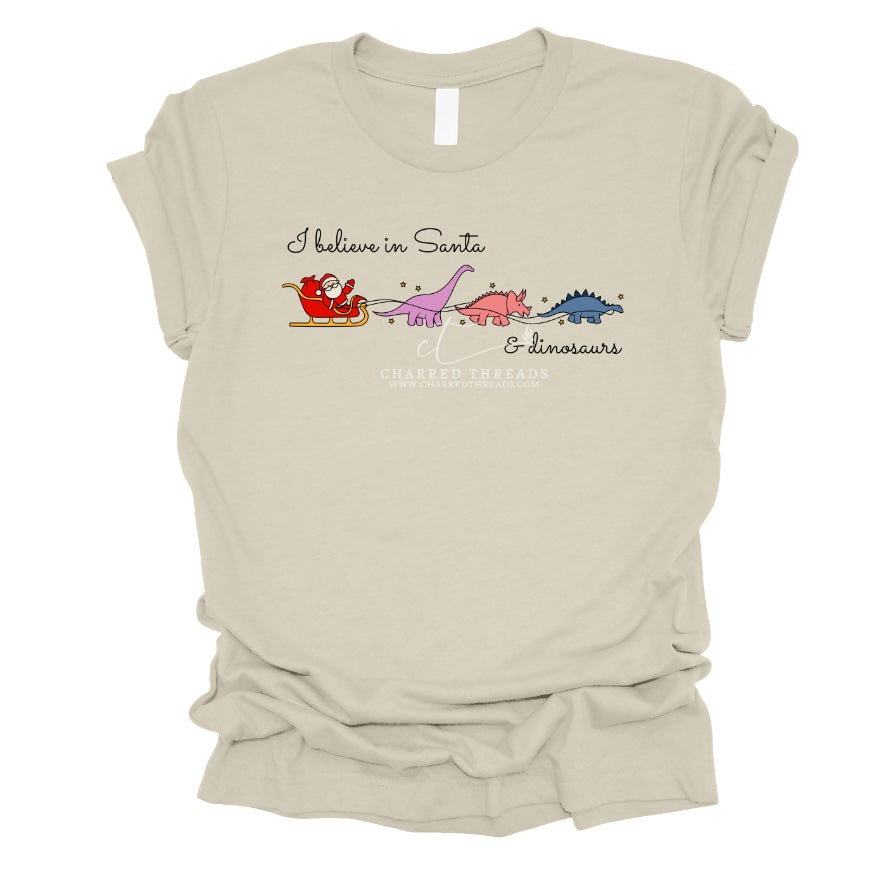 I Believe in Santa & Dinosaurs – Christmas Dino Tee & Crewneck