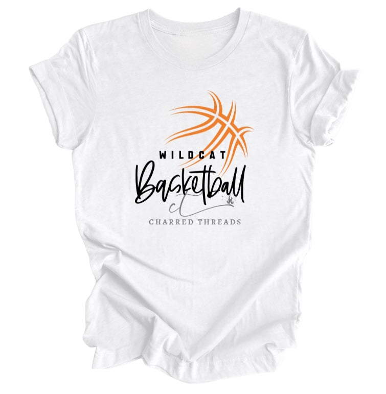 Wildcat Hoops Script Basketball Tee, Crewneck, or Hoodie | Infant–Adult Sizes | Black, Red, White, or Charcoal