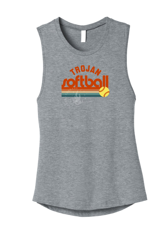 Pleasantville Trojans Muted Retro Softball Muscle Tank | Women’s Game Day Tank