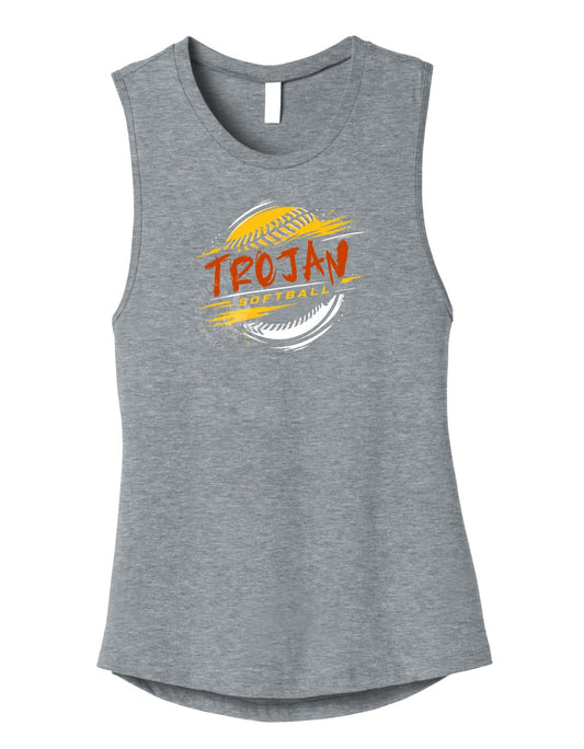 Pleasantville Trojans Softball Grunge Muscle Tank | Women’s Game Day Tank