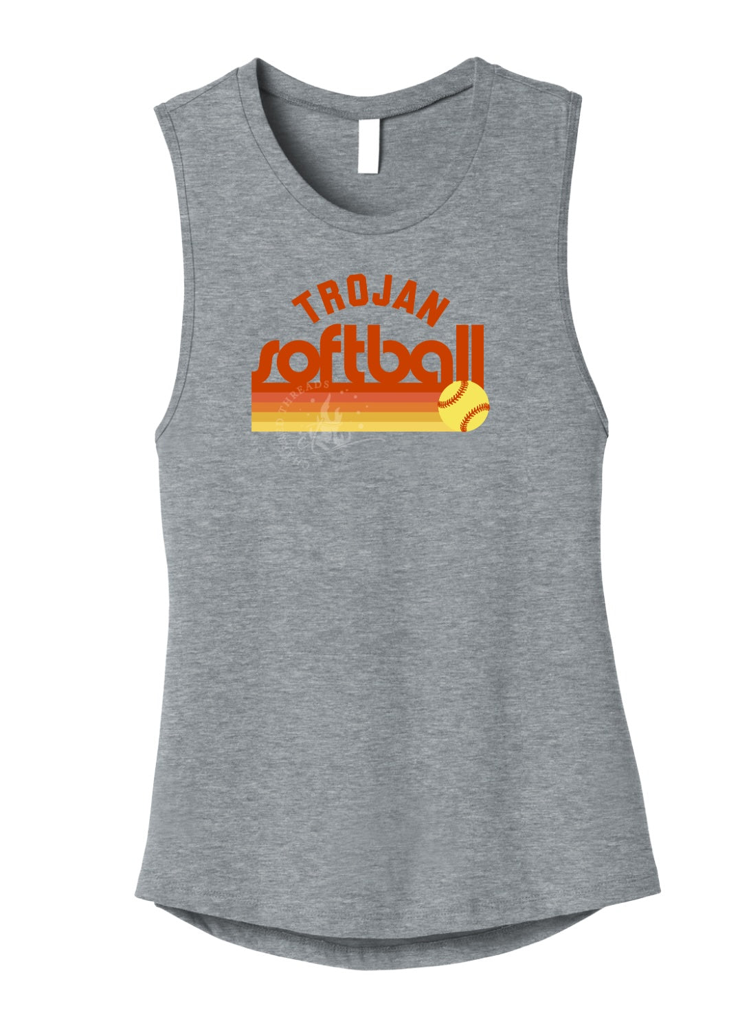 Pleasantville Trojans Sunset Retro Softball Muscle Tank | Women’s Game Day Tank