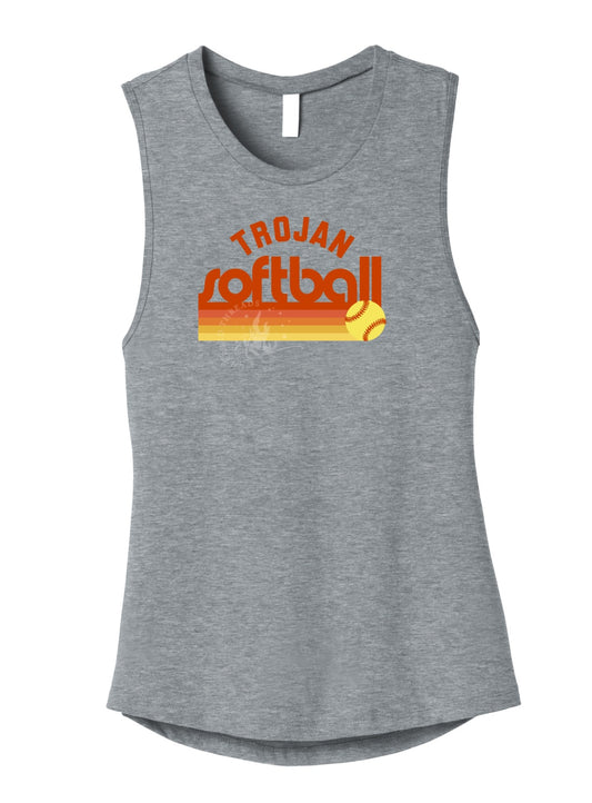 Pleasantville Trojans Sunset Retro Softball Muscle Tank | Women’s Game Day Tank
