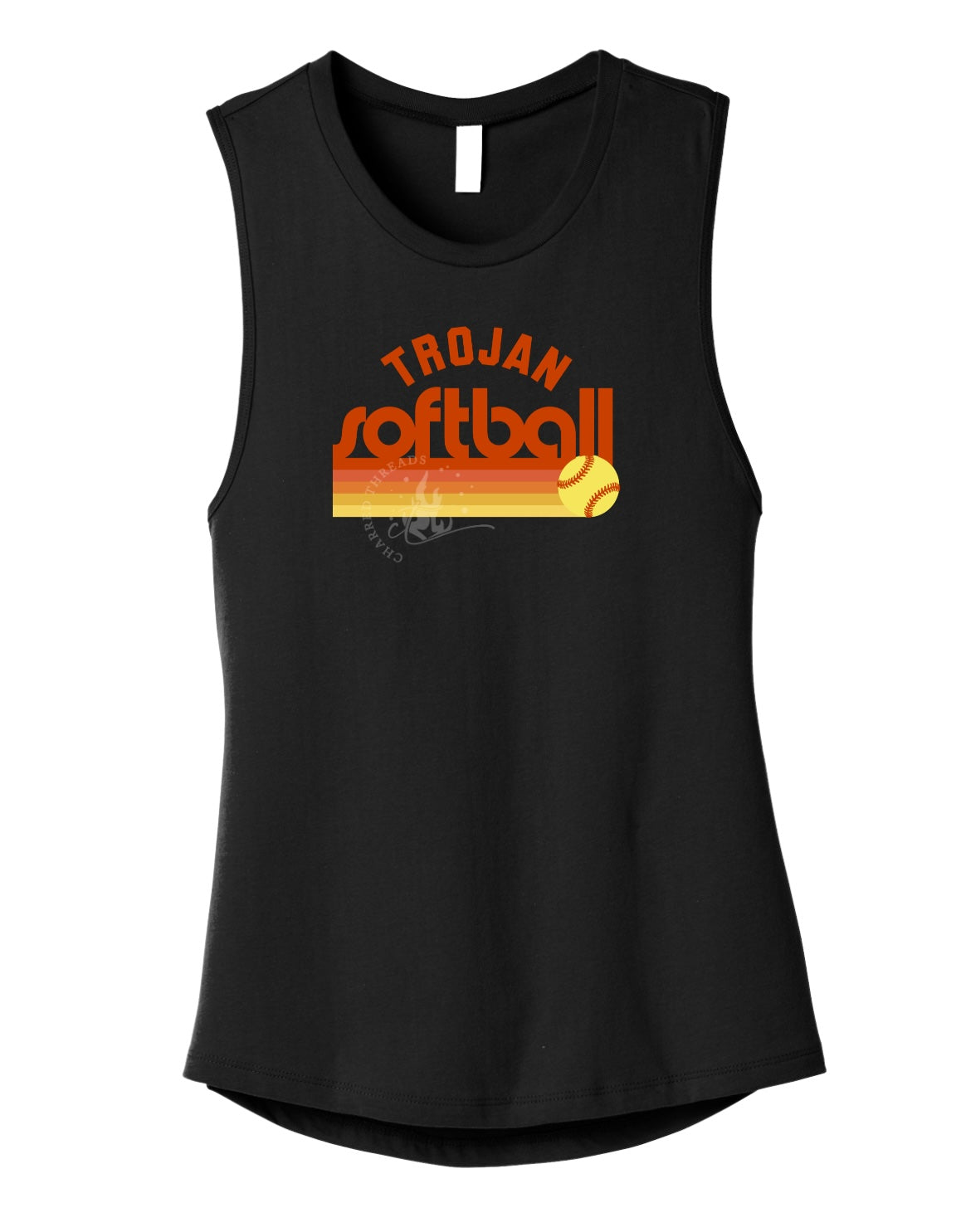 Pleasantville Trojans Sunset Retro Softball Muscle Tank | Women’s Game Day Tank