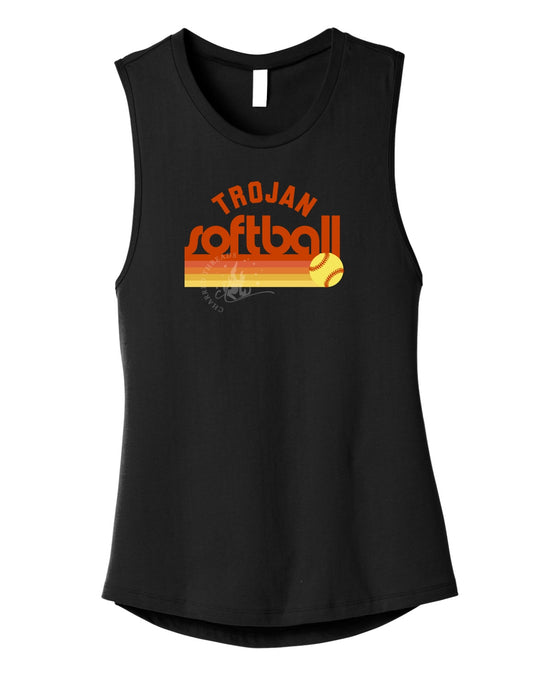 Pleasantville Trojans Sunset Retro Softball Muscle Tank | Women’s Game Day Tank