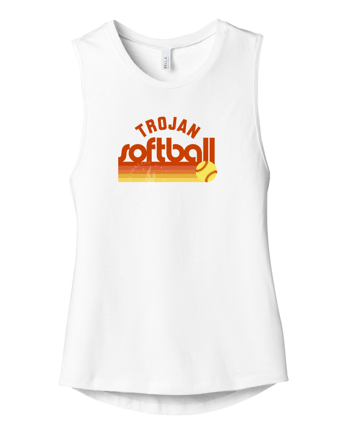 Pleasantville Trojans Sunset Retro Softball Muscle Tank | Women’s Game Day Tank