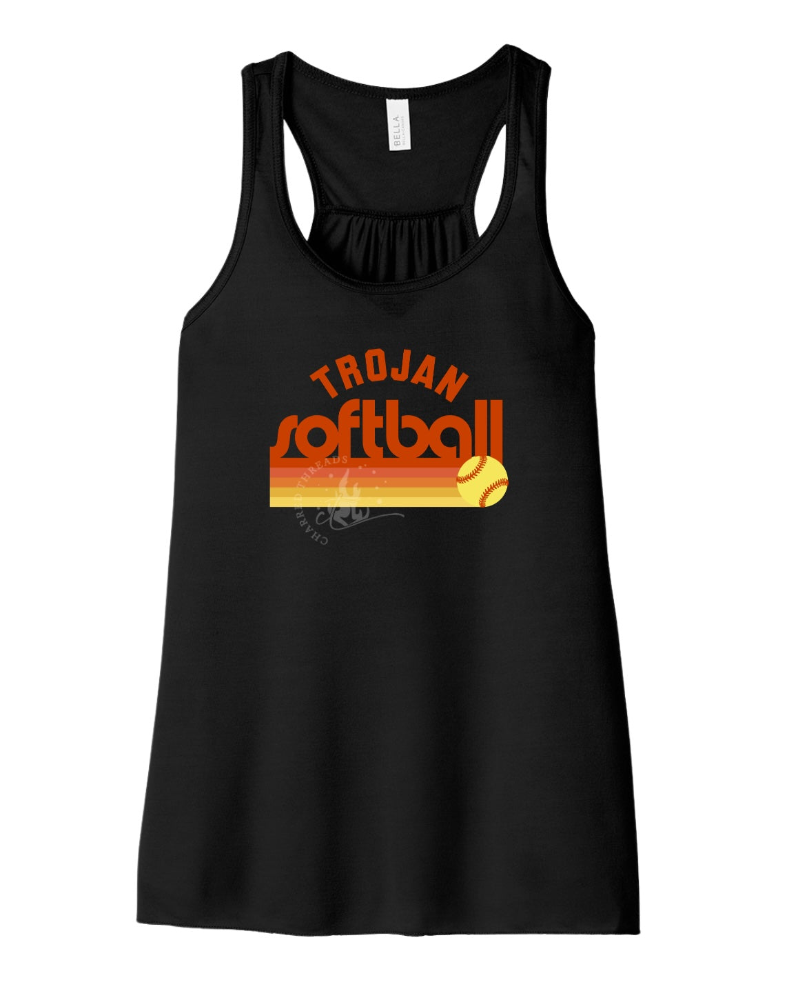 Pleasantville Trojans Sunset Retro Softball Flowy Racerback Tank | Women’s Softball Tank