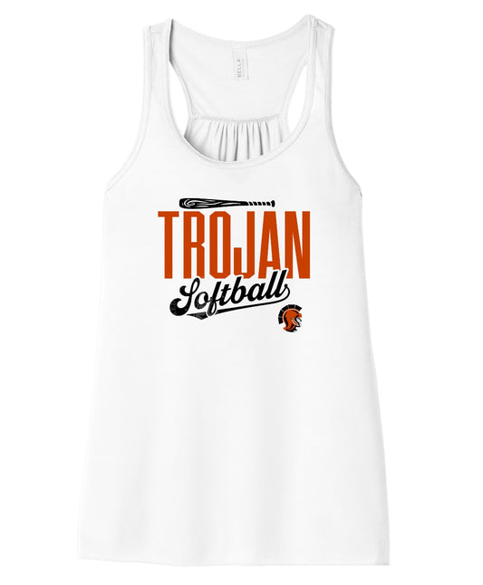 Pleasantville Trojans Softball Script Flowy Racerback Tank | Women’s Softball Tank
