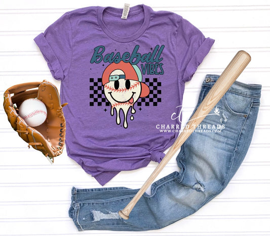 Retro Baseball Vibes Smiley Face Graphic Short Sleeve Shirt